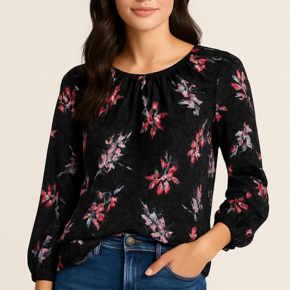 REBECCA TAYLOR Noha Floral Black Burnout Sheer Long Sleeve‎ Blouse